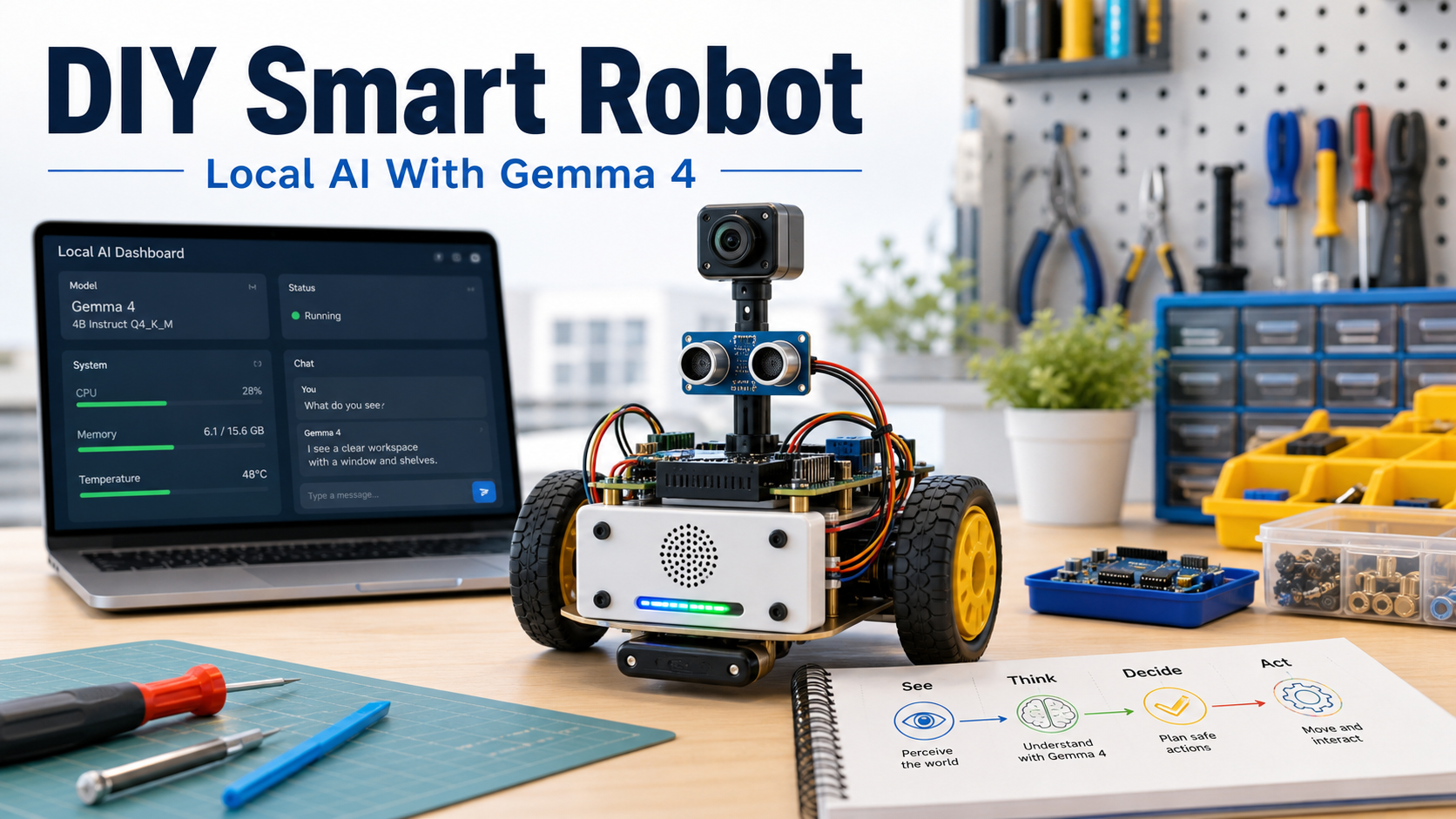 Cover image of a friendly DIY smart robot beside a local AI workstation