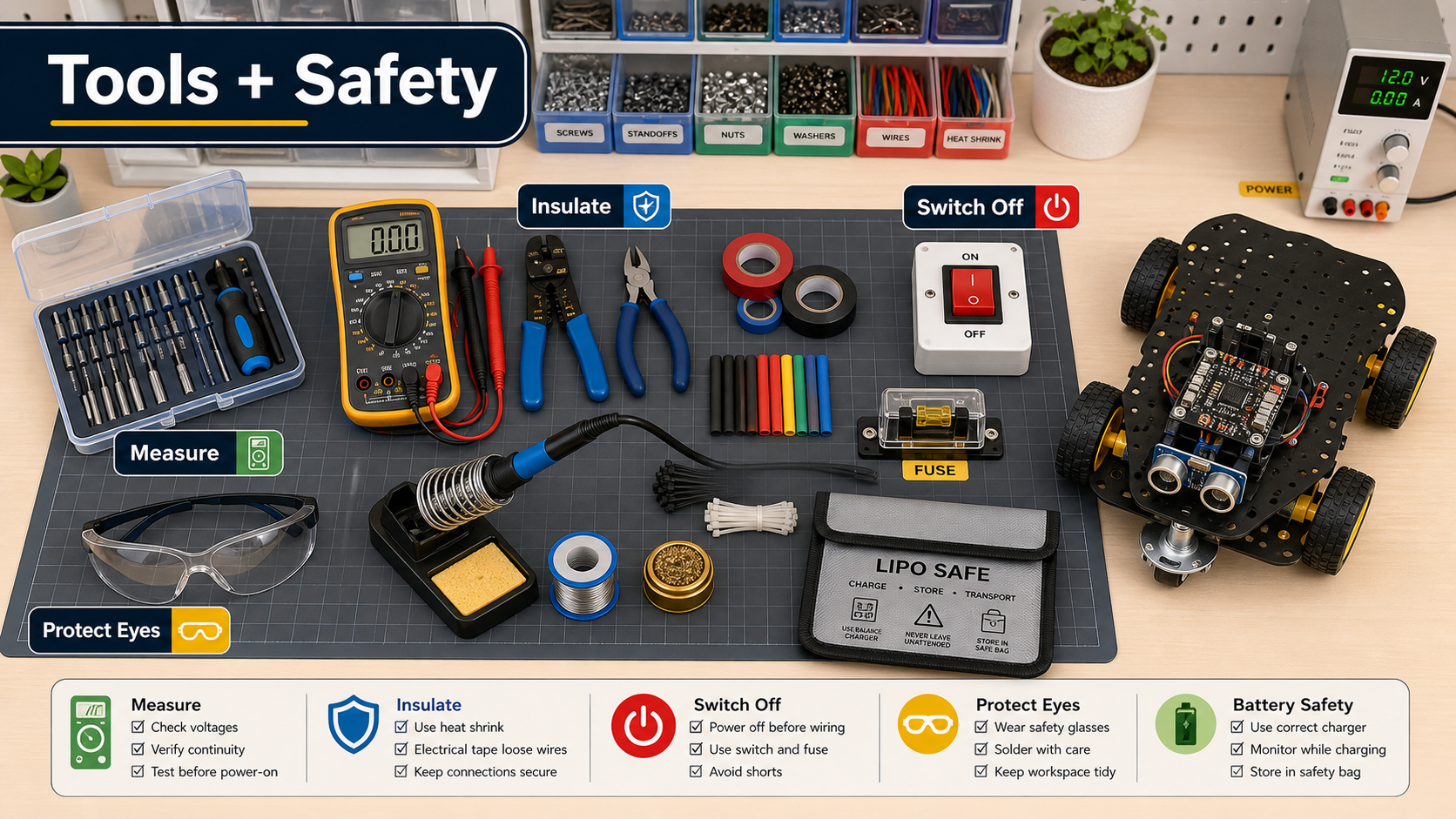 Organized robotics tools and safety equipment on a maker bench