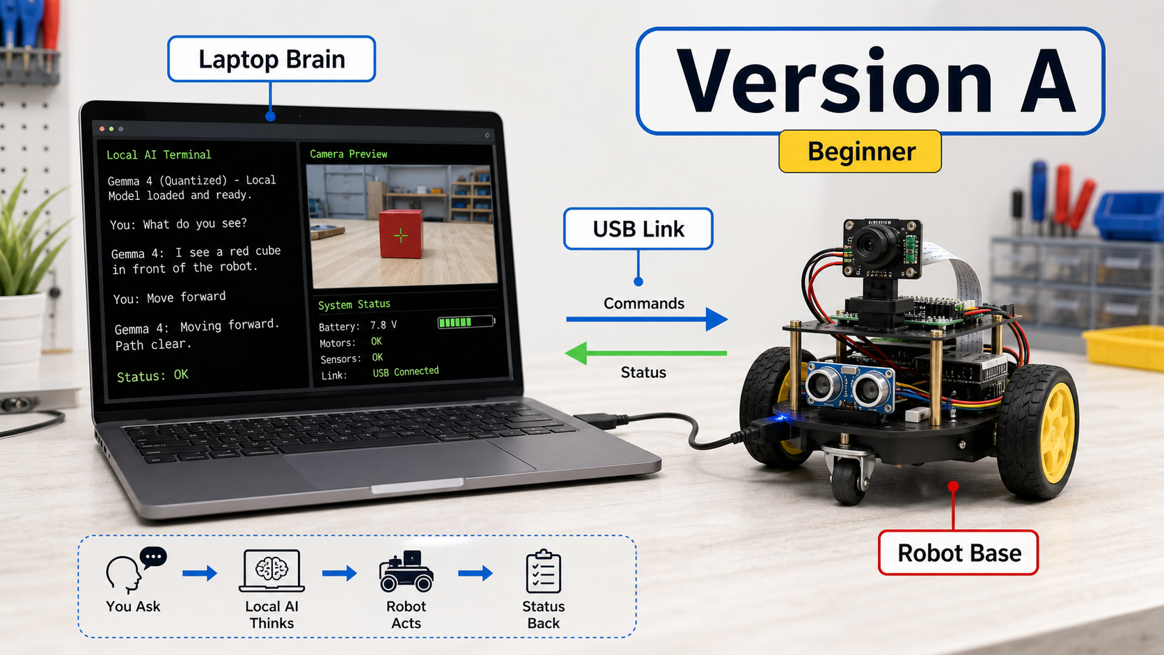Beginner robot connected to a laptop brain over USB