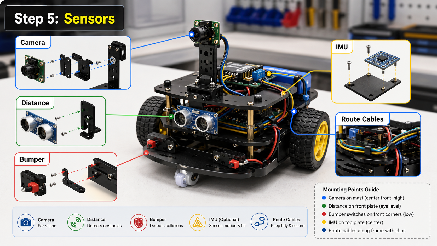 Robot sensor stack with camera, distance sensor, bumpers, IMU, and cable routing