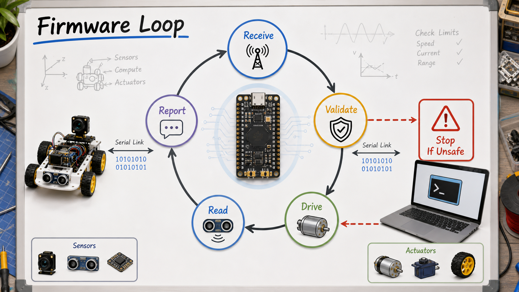 Firmware loop diagram with receive, validate, drive, read, report, and stop-if-unsafe stages