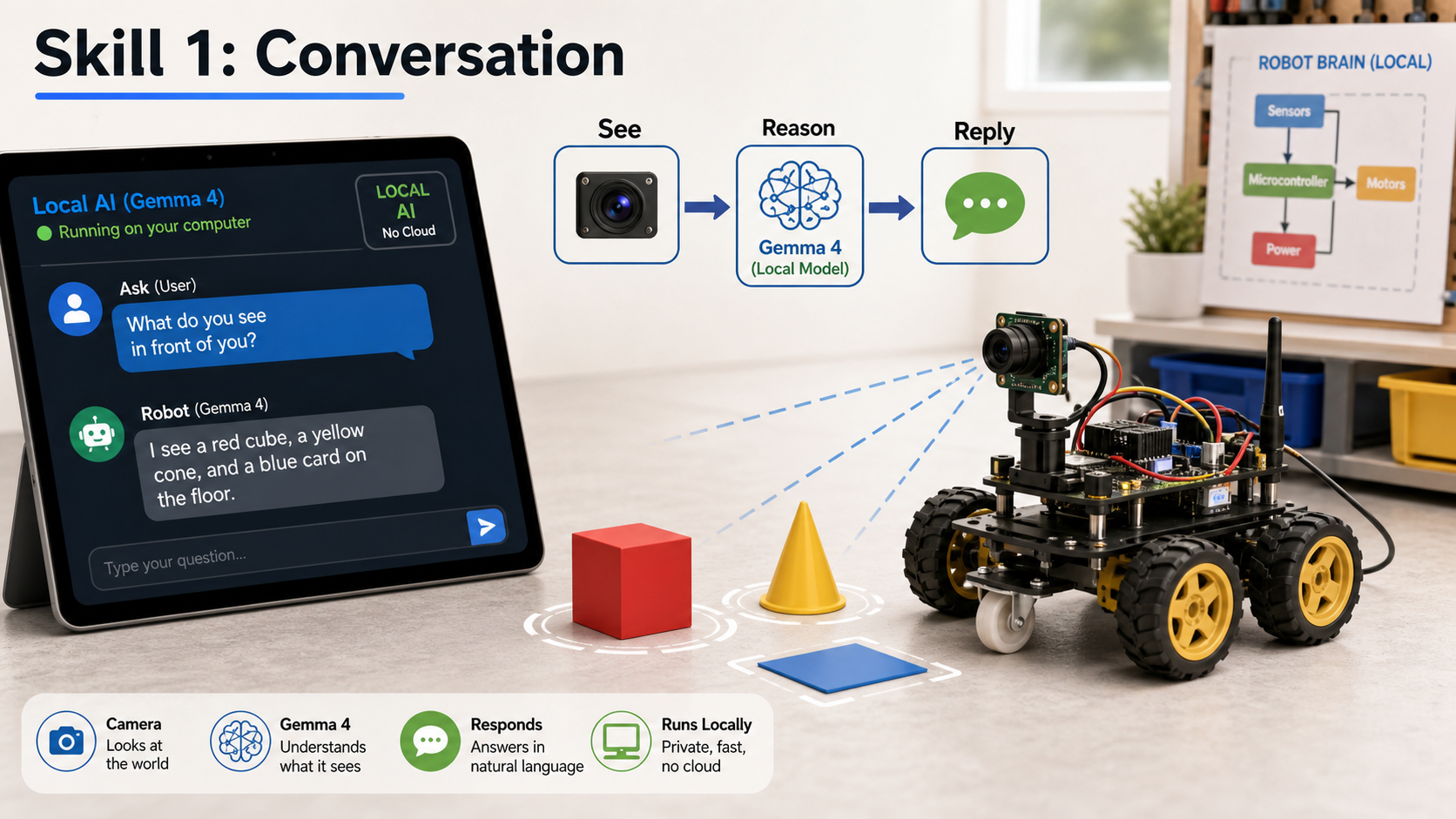 Robot answering questions about visible objects through a local chat interface