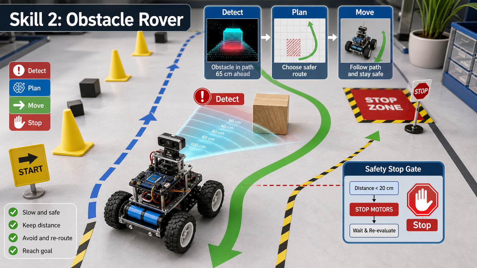 Robot navigating a simple obstacle course with detect, plan, move, and stop stages