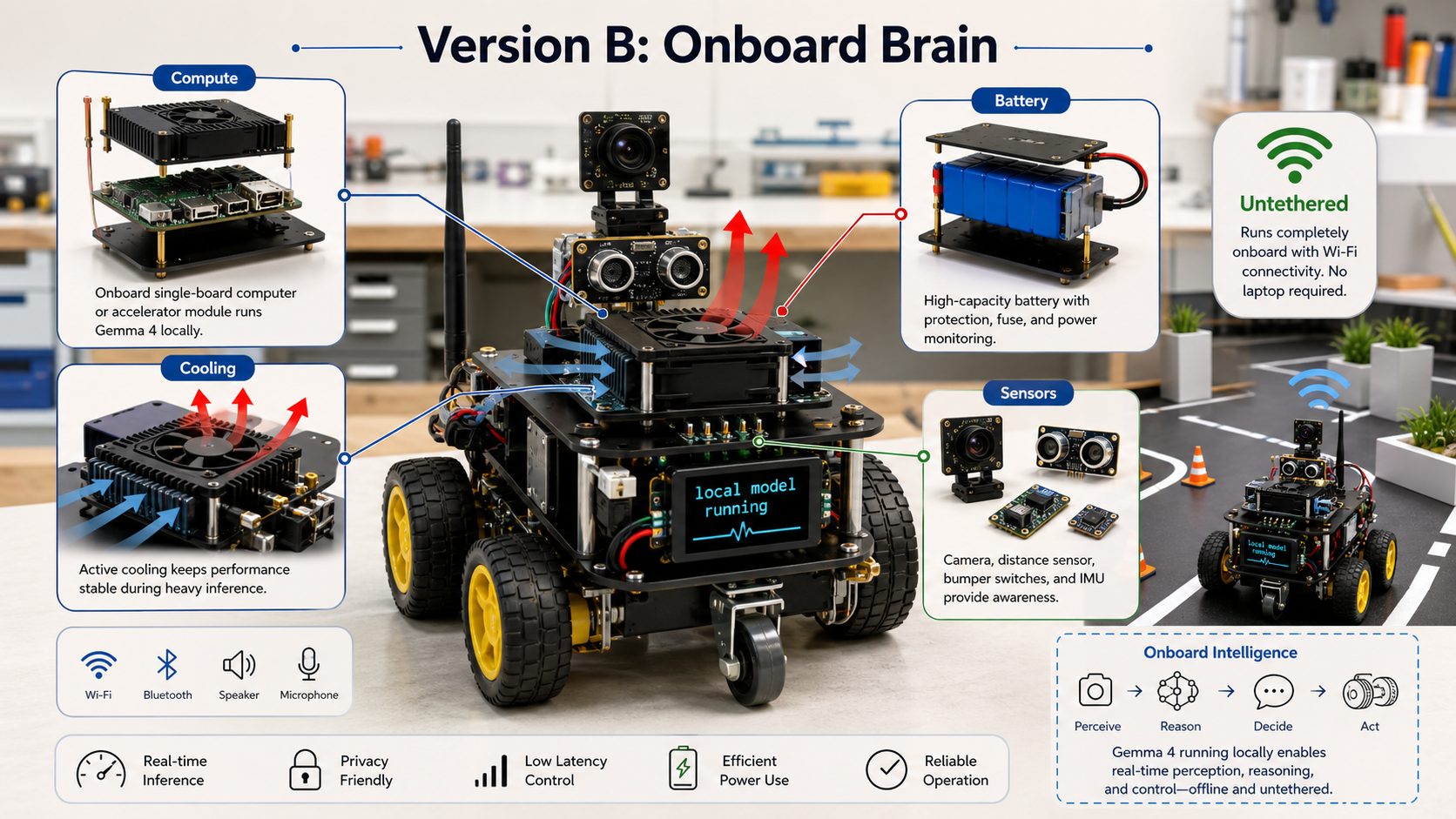 Untethered robot variant with onboard compute, cooling, battery, and sensors