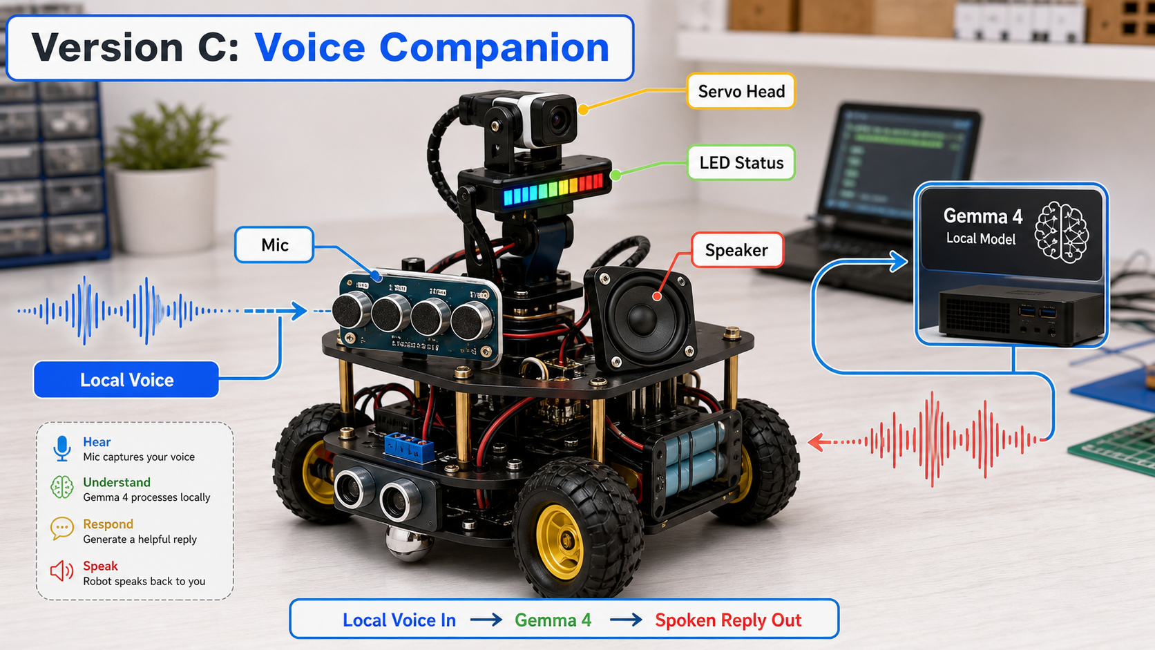 Voice companion robot variant with microphone, speaker, servo head, and LED status