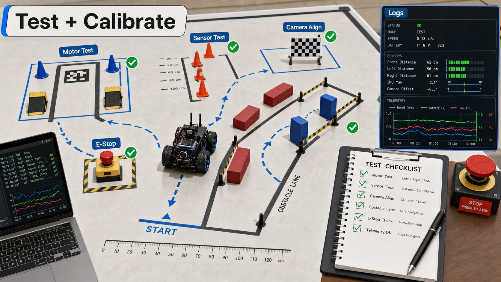 Robot calibration course with motor test, sensor test, camera alignment, e-stop, and logs